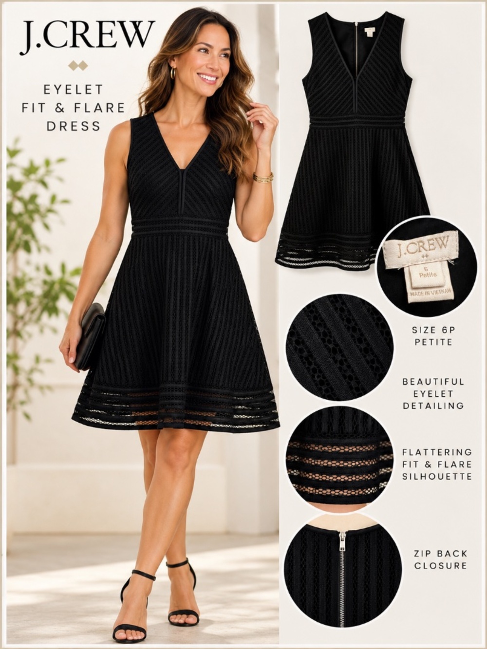 J.Crew Black Eyelet Fit & Flare Dress | Size 6P Petite | Excellent Condition